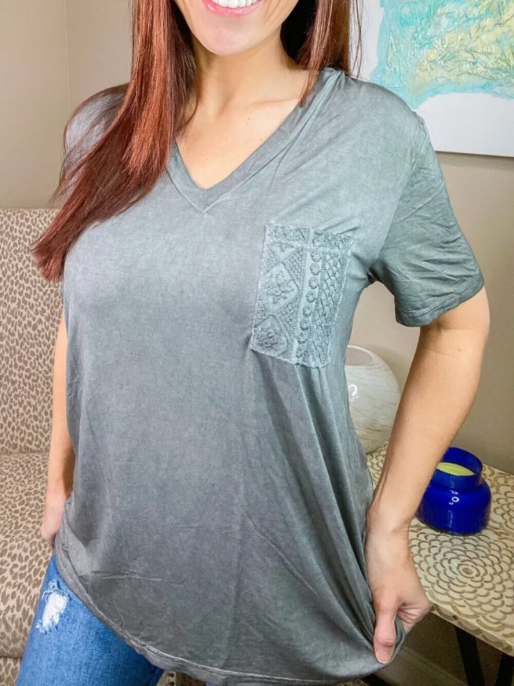NWT POL Grey Washed V-Neck Tunic Top with Crochet Pocket Size Small